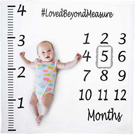 Farnodbaby Baby Monthly Milestone Muslin Cotton Blanket with Hashtag #LovedBeyondMeasure for Newborn, Large 50” x 50” Photo Prop with Felt Frame and Free “Tips for Photographing Babies” Digital Guide