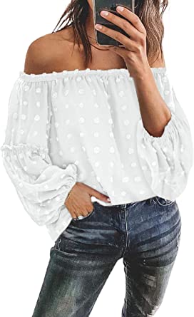 Asvivid Womens Swiss Polka Printed Smocked Off The Shoulder Tops Summer Flared Bell Sleeve Chiffon Blouses T-Shirt