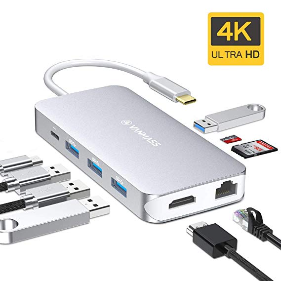 VANMASS USB C Hub 9 in 1 Aluminum Type C Adapter with 4K HDMI 87W Type C PD Power Delivery 4 USB 3.0 Ports SD/TF Card Reader Gigabit Ethernet Port for MacBook Pro, Chromebook and Other Type-C devices