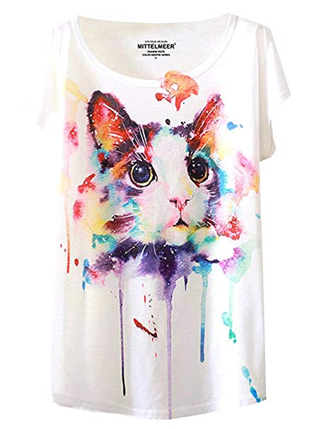 Futurino Women's Cute Cat Graphic Abstract Paint Splatter Casual T-Shirt Top