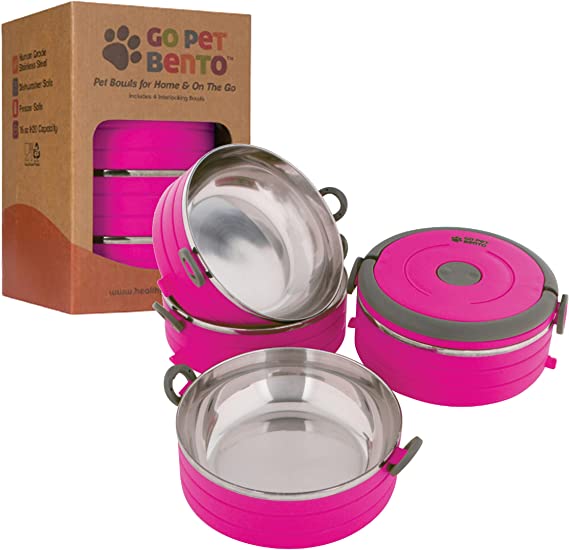 Healthy Human Portable Dog & Pet Travel Bowls with Lid - Human Grade Stainless Steel - Ideal for Food & Water - Pink - 4 Bowl Set