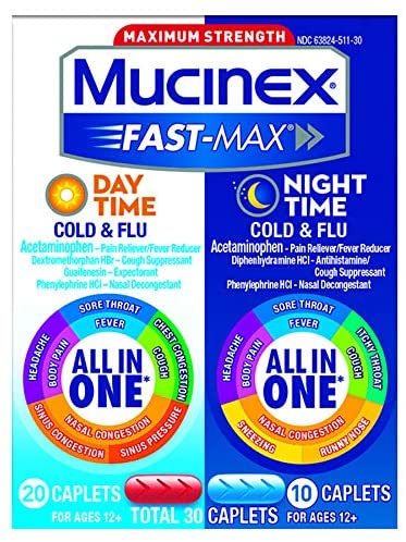 Cold, Cough, and Flu Maximum Strength – Mucinex Fast-Max Day/Night – 30 caplets – Fast relief for congestion, fever, aches, and sore throat