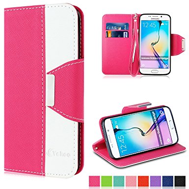 Galaxy S6 Edge Case - Vakoo [Book Style] Premium-PU Leather Wallet Folio Mobile Phone Protector Cover Flip Case for Samsung Galaxy S6 Edge (Rose White)