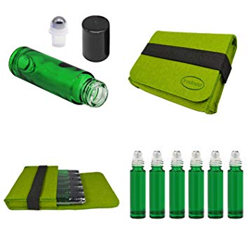 NovScent Premium Refillable Empty Rollon Bottle Set Include 6 Piece 10ML Roller Bottles and 1x Green Carrying Case lFor DIY Essential Oil Perfume storage (Green)
