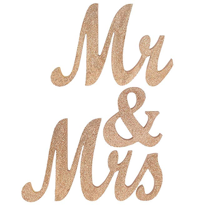 Ling's moment Wooden Mr & Mrs Letters Freestanding Wedding Sign for Wedding Sweetheart and Reception Table Decorations, Rose Gold Glitter - NO Glitter Falling Off