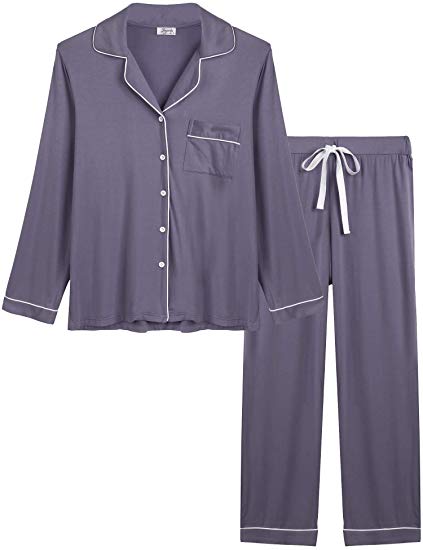 Joyaria Womens Soft Bamboo Pajama Sets Button Down Long Sleeve Pj Pants Set Sleepwear