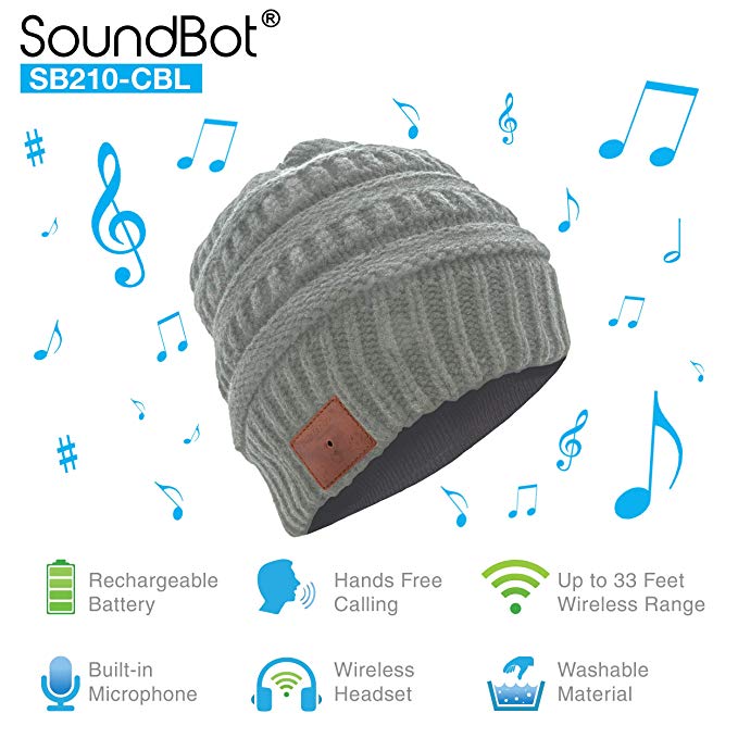 SoundBot¨ SB210 HD Stereo Bluetooth 4.1 Wireless Smart Beanie Headset Musical Knit Headphone Speaker Hat Speakerphone Cap,Built-in Mic (Cable/Light Gray)