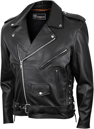 Vance Leather Mens Premium Cowhide Conceal Carry Insulated Liner Side Laces Classic MC Motorcycle Biker Black Leather Jacket