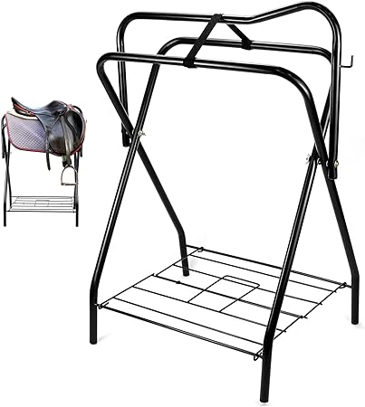 QWORK Freestanding Portable Saddle Rack, Heavy Duty Powder Coated Frame Standing Holder, Saddle Strong Tubular Steel, Extra Storage Foldable Wire Chassis