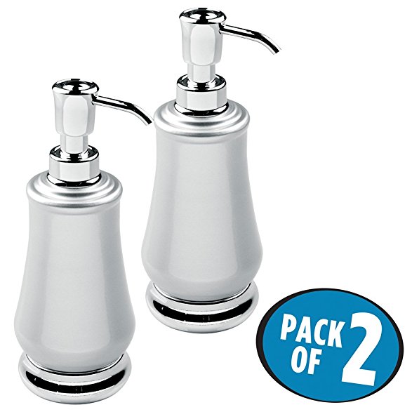 mDesign Liquid Soap Dispenser Pump Bottle for Kitchen Sink, Bathroom Vanity Countertops: Also for Hand Lotion & Essential Oils - Pack of 2, Steel Body in Pearl Silver/Chrome Pump and Base