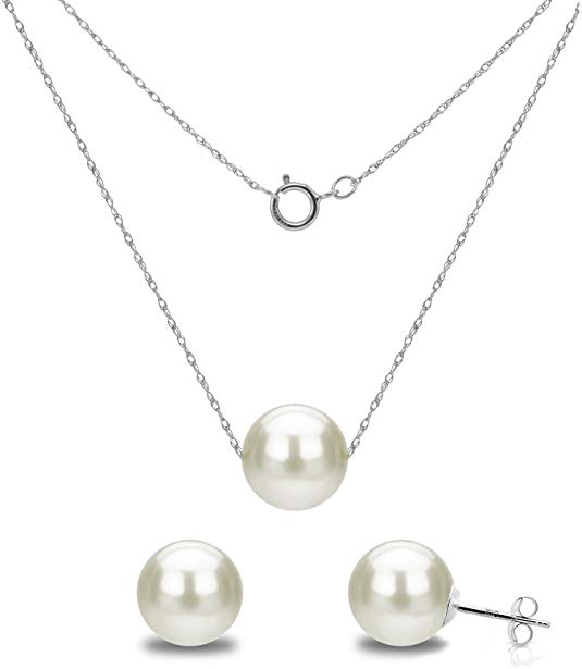 14k Gold Chain Necklace with White Freshwater Cultured Pearl Floating Pendant and Stud Earrings (Choice of Pearl Sizes and Metal Type)