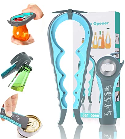 Jar Opener, Upgraded- 5 in 1 Multi Function Can Opener Set, Bottle Opener Kit with Silicone Handle Easy to Use for Children, Seniors with Arthritis Suffering, Blue