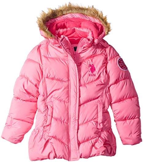 U.S. Polo Assn. Girls' Bubble Jacket with Faux Fur Trim Hood