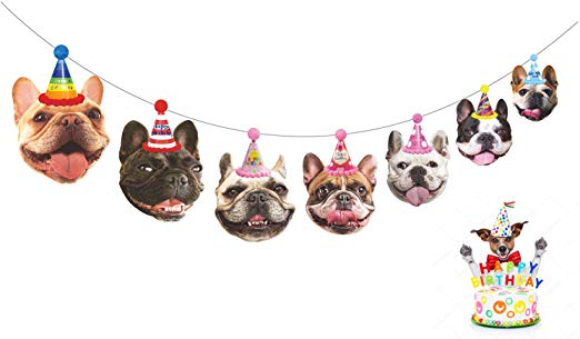 Gyzone Dogs Birthday Garland, Funny French Bulldog Face Portrait Birthday Banner, Bday Bunting Decorations