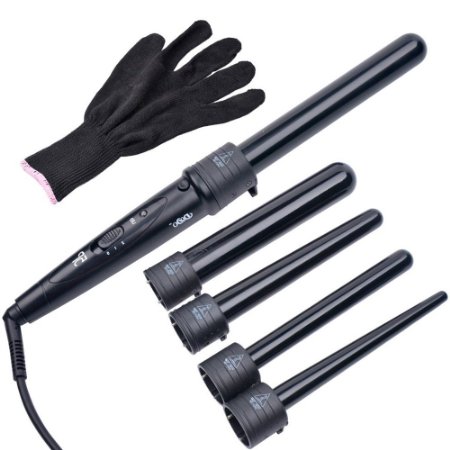 MQB 5-In-1 Hair Curler Ceramic Tourmaline Hair Curling Iron Wand Sizes 09-18  19  19-25  25  32 mm Ceramic Barrels  Heat Resistant Glove