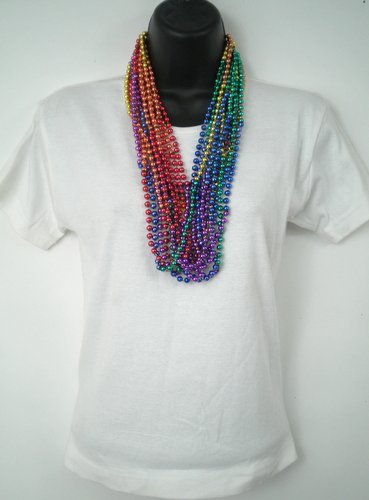 33 inch 7mm Round Metallic Rainbow 6 Section Mardi Gras Beads - 6 Dozen (72 necklaces)