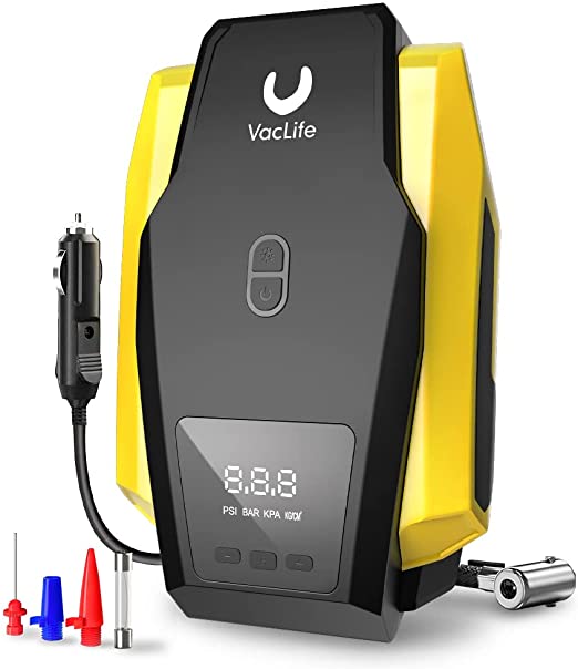 VacLife Tyre Inflator Portable Air Compressor - Air Pump for Car Tyres (up to 50 PSI), 12V DC Tyre Pump for Bikes (up to 150 PSI) w/LED Light, Digital Pressure Gauge, Model: ATJ-1166, Yellow (VL701)