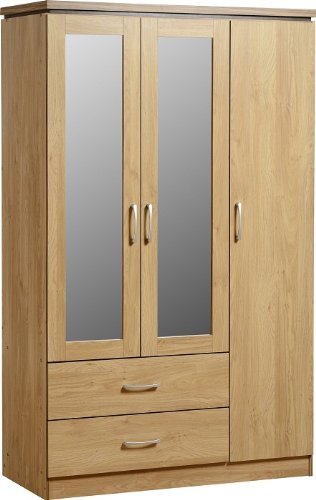 Seconique Charles 3 Door 2 Drawer Mirrored Wardrobe - Oak Effect with Walnut Trim