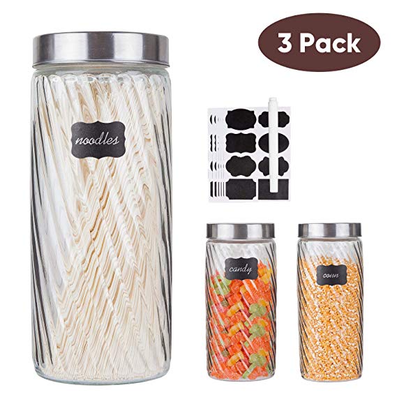 Glass Kitchen Storage Canister Jars Set with Stainless Steel Lids and 8 Labels & 1 Chalk Marker For The Kitchen,Set of 3,71 oz（Diagonal Stripes）