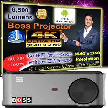 Boss S21A | Android 9 | 3840 x 2160 Ultra HD 6500 Lumen Display | Contrast Ratio 15000:1 | 4D Digital Keystone & Zoom, WiFi & Bluetooth | Home/Office/Educational Institute Purpose Projector