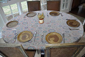 Elastic Edged Flannel Backed Vinyl Fitted Table Cover - Multi-Color Geometric Pattern - Oblong/Oval  Fits Tables Up to 48"W x 68"L