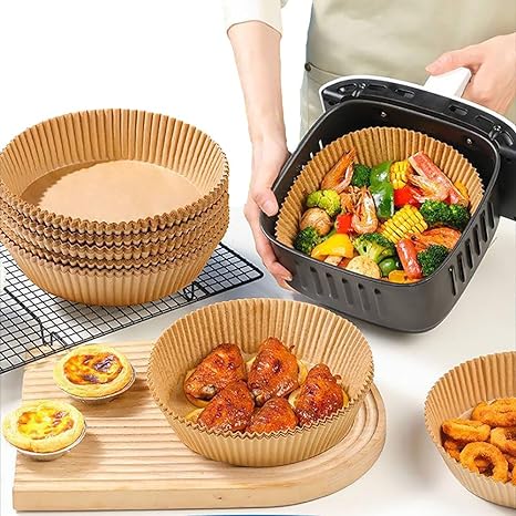 Walensee Air Fryer Liners Non-Stick, Clean Hassle-Free Baking Paper, 100PCS-6.3 Inches Brown Round Bowl