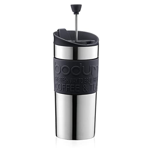 BODUM Travel French Press Coffee Maker, Vacuum, Small, 0.35 L - Black, Stainless Steel with Black Grip