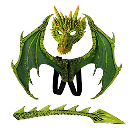 Balai Kids Fantasy Halloween Dinosaurio Dragon Costume Child Animal Mask Wing Tail Accessory (Green)