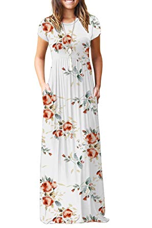AUSELILY Women Short Sleeve Loose Plain Casual Long Maxi Dresses with Pockets