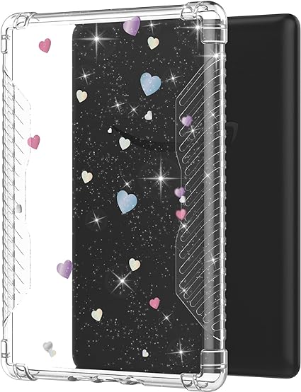 MoKo Case for 6.8" Kindle Paperwhite (11th Generation-2021) and Kindle Paperwhite Signature Edition, Ultra Clear Soft Flexible Transparent TPU Skin Bumper Back Cover Shell, Glitter & Heart