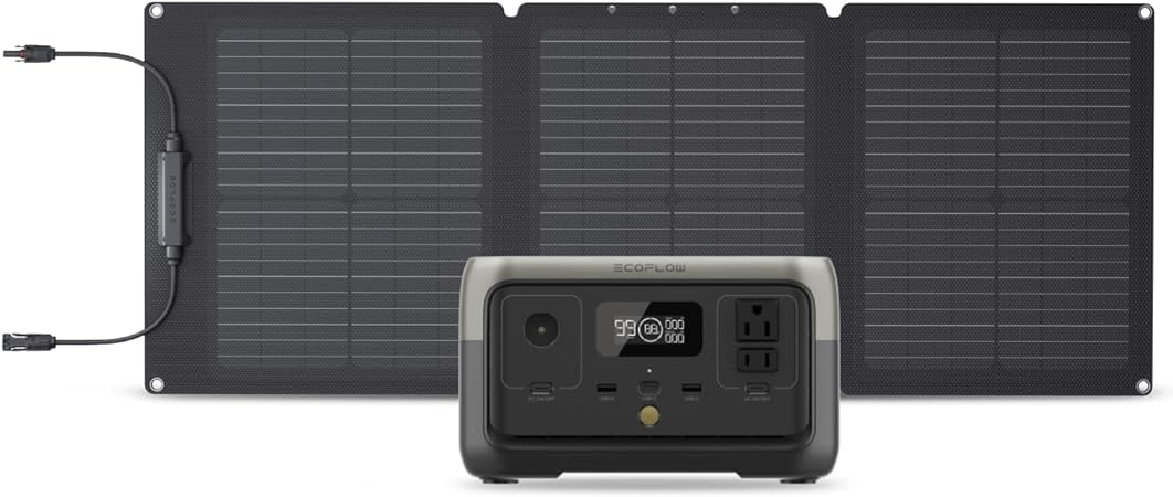 EF ECOFLOW Portable Power Station RIVER 2 with 60W Solar Panel, 256Wh LiFePO4 Battery/ 1 Hour Fast Charging, Up to 600W Output, Solar Generator for Outdoor Camping/RVs/Home Use