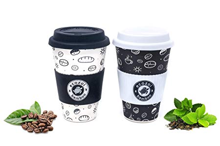 Ecozoi Bamboo REUSABLE Coffee Cups with Silicone Lid and Sleeve, Set of 2 To Go Travel Mugs 16 oz or 450 ml, BPA Free and Tree Free Tea Cups. Toddlers, Kids, and Adult Friendly Bamboo Tea Mugs