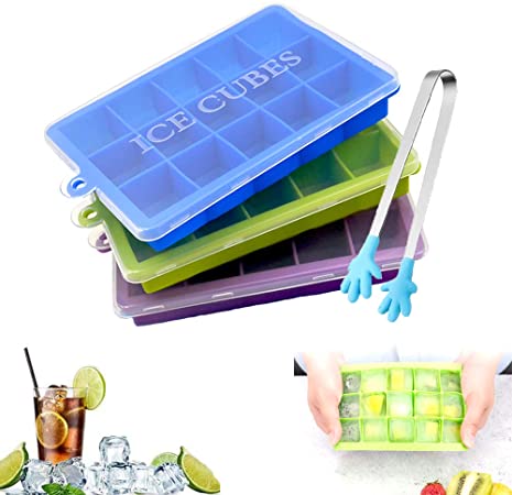 Ice Cube Trays,3Pack Silicone Ice Tray with Lid and Ice Tongs,Ice Maker Tray for Whiskey/Reusable Ice Cube Molds(15cubes/pack))