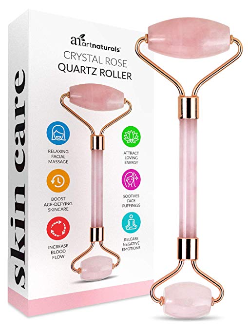 ArtNaturals Crysal Rose Jade Roller - Pink Face Roller for Natural Anti Aging Ice Facial Massager - Real Authentic Quartz Gemstone for Wrinkles and Puffiness Relief - Cold Stone Massage