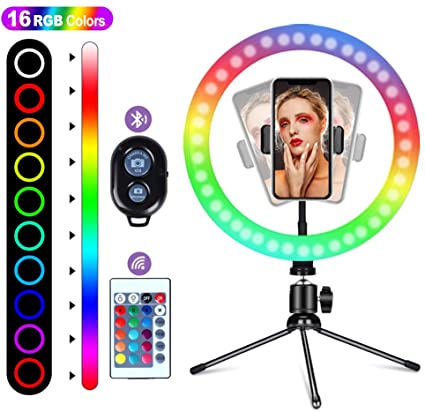 10" RGB Selfie Ring Light, 16 Colors LED Ring Light with Tripod Stand/Phone Holder/Camera Remote Shutter Best 10 Brightness Levels Dimmable LED Ring Light for Makeup,YouTube, Photography