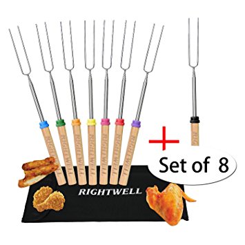 Rightwell Set of 8 Telescopic Marshmallow Roasting Sticks 32 Inch Telescopic Hot Dog Roasting Forks -BBQ Roasting Forks/Smores Skewers/Sticks for Kids