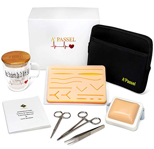 Suture Practice Kit Includes Injection and Suturing Pad Gift Boxed for Medical Nurse Surgical Dental or Veterinary Student – German Steel Skin Wound Training Tools Set – Carry Case Bonus Coffee Mug