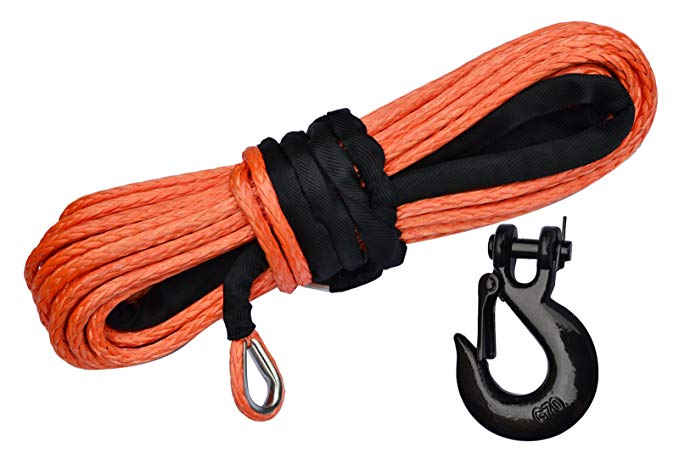 X-BULL SK75 3/8 x 100ft Dyneema Synthetic Winch Rope with Hook Car Tow Recovery Cable（23,809 Lbs,Orange）