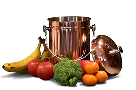 Kitchen Countertop Compost Bin with Lid, Copper Plated Stainless Steel Pail with Bonus 1 Years Worth of Activated Charcoal Filters (1.3 Gallon)