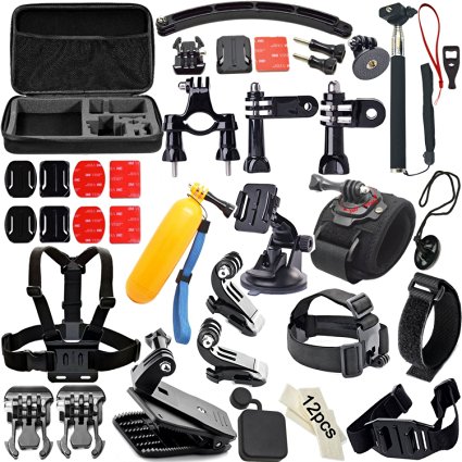 Gopro Accessories ,Soft Digits 50-In-1 Action Camera Accessories Kit for GoPro Hero4/3/2/1， Accessory Bundles set for SJCAM SJ4000 5000 6000 7000 Xiaomi Yi -Head Strap   Chest Harness   Anti-fog Insert   Selfie Stick   Handlebar Mount   Suction Cup   Wrist Strap   Vented Helmet Strap Mount   Floating Hand Grip   Quick Release Buckle   Carrying Case