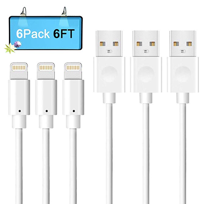 Quntis 6 Pack 6ft Charging Cable Compatible with iPhone X 8 Plus 7 Plus 6 6S 6 Plus 5S SE iPod iPad Mini Air Pro and More (White)