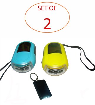 SleekLighting Solar Hand Crank Ultra Bright 3 LED Flashlight Charges Manually or by Light Energy Provides 2 Hours of Continuous Illumination with Range of 10 Meters per Full Charge Long 100000 Hour Bulb Life 2 Pack Blue and Yellow with a keychain