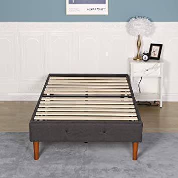 VECELO 14 Inch Premium Platform Bed Frame/Mattress Foundation/No Box Spring Needed/Strong Wood Slat Support (Twin), Upholstered Grey