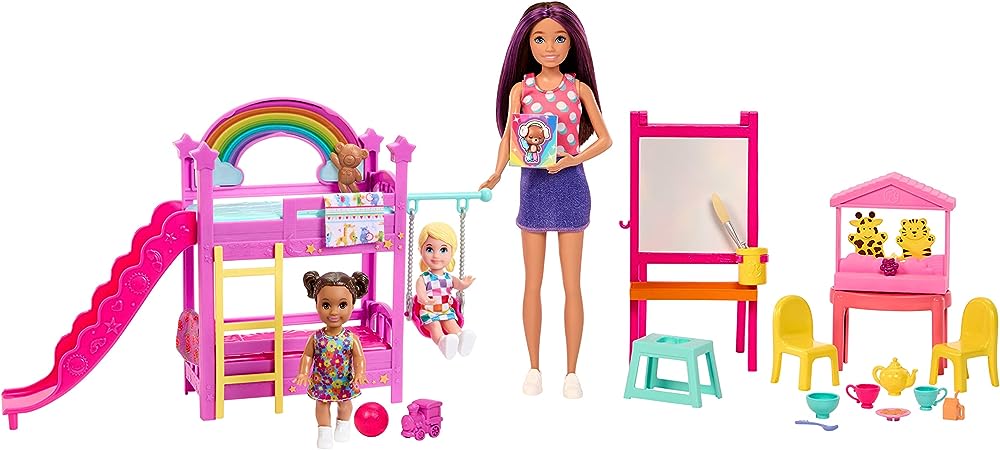 Barbie Skipper First Jobs Daycare Playset, 3 Dolls, Furniture & 15  Accessories, Includes Bunkbeds & Color-Change Easel