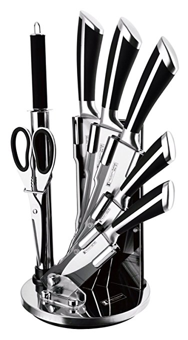 Imperial Collection IM-KST8 BLK Premium Stainless Steel Kitchen Knife Set With with Rotating Block Stand, Black - 8 Piece set
