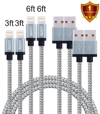LOVRI 2Pack 3FT 2Pack 6FT Lightning Cable Nylon Braided USB Charging Cable Cord for iPhone SE, 6s, 6s plus, 6Plus, 6, 5s 5c 5, iPad Air mini min2, iPad 4,iPod 5,iPod 7, iOS9. (Gray)