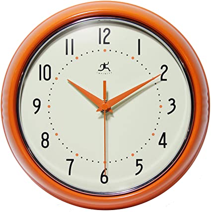 Infinity Instruments Retro 9 inch Silent Sweep Non-Ticking Mid Century Modern Kitchen Diner Wall Clock Quartz Movement Retro Wall Clock Decorative (Orange)