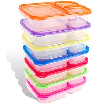 Bento Lunch Boxes for Kids & Adults - 7-Pack - Plastic Divided Box with 3 Compartments , Easy BPA Free , Leakproof , Reusable Food Storage Containers Set | Microwave , Dishwasher and Freezer Safe