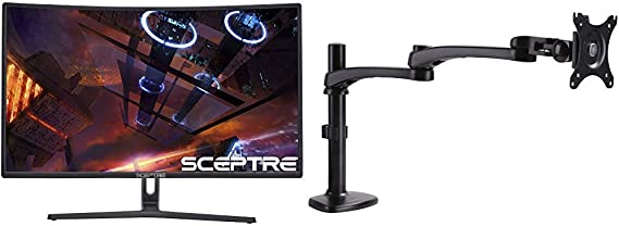 Sceptre C275B-144R 27-Inch Curved Gaming Monitor 1920x1080p 144Hz AMD Freesync RTS-FPS DisplayPort HDMI DVI Metal Black with AmazonBasics Single PC Monitor Stand - Modular Arm Mount, Aluminum Bundle