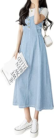 CHARTOU Women's Elegant Straps Back Smocked A-Line Long Skirt Denim Overall Pinafore Dress